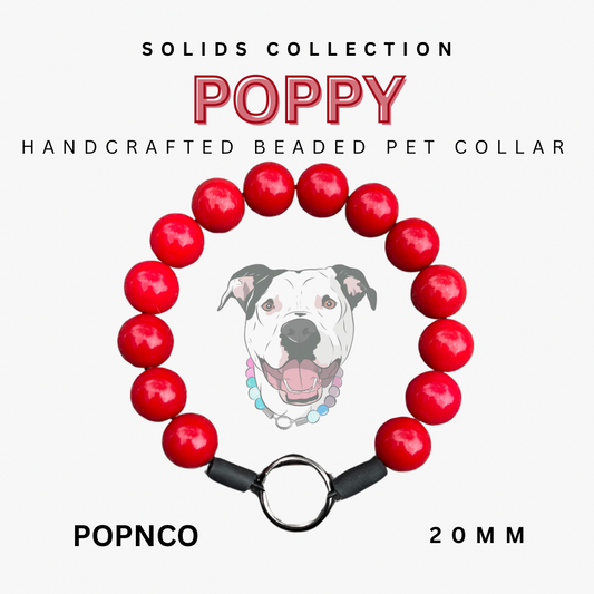 Handcrafted beaded pet collar with red beads and a black clasp, featuring the brand 'Popnco'.