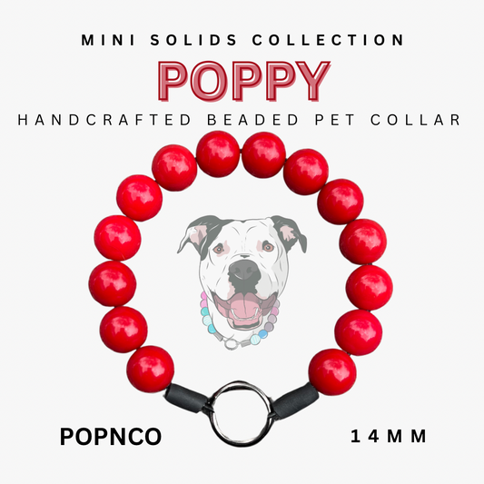 Handcrafted beaded pet collar with red beads and black clasp, featuring a dog illustration and brand name on a white background.