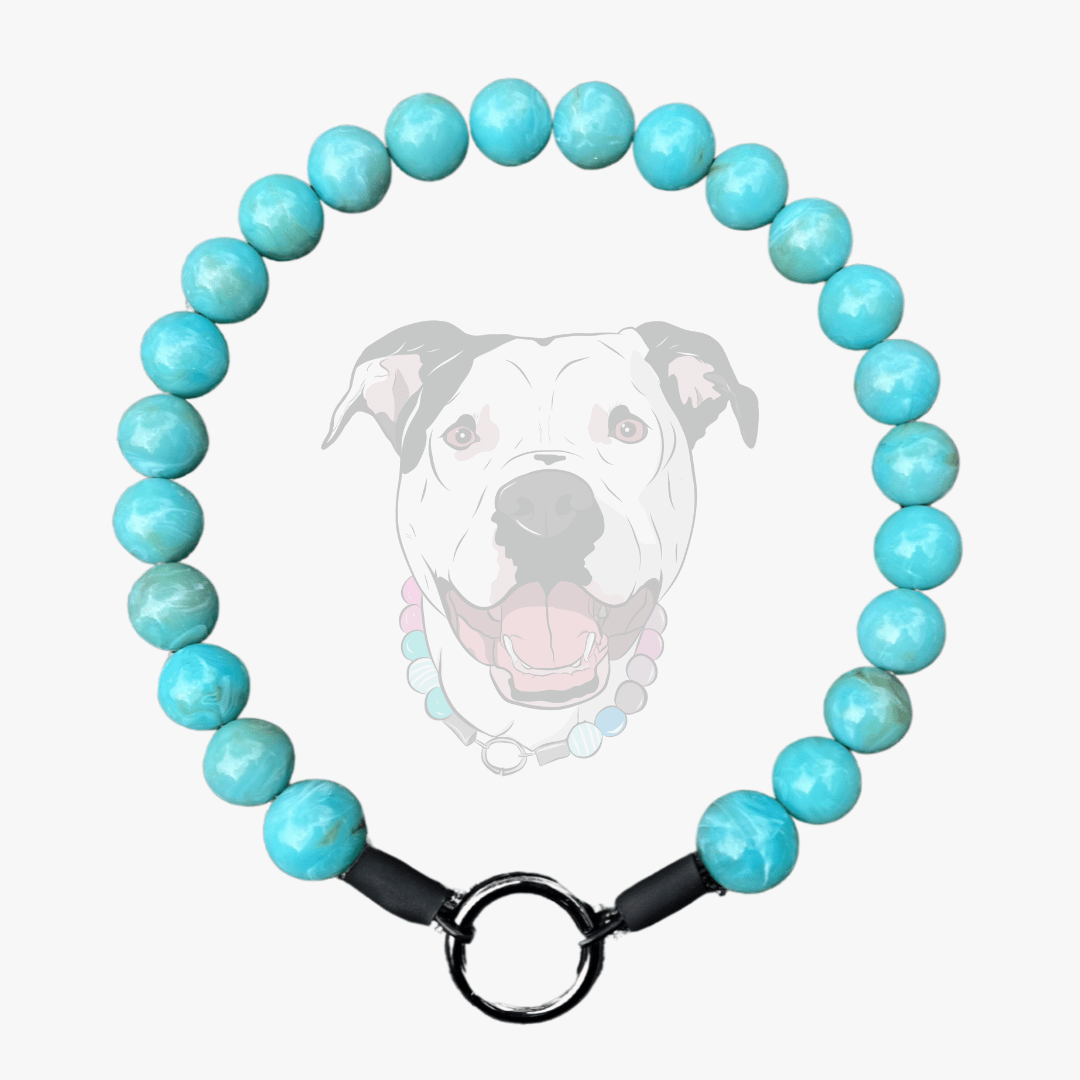 Turquoise beaded dog collar with a black clasp on a white background from POPNCO called Poseidon 