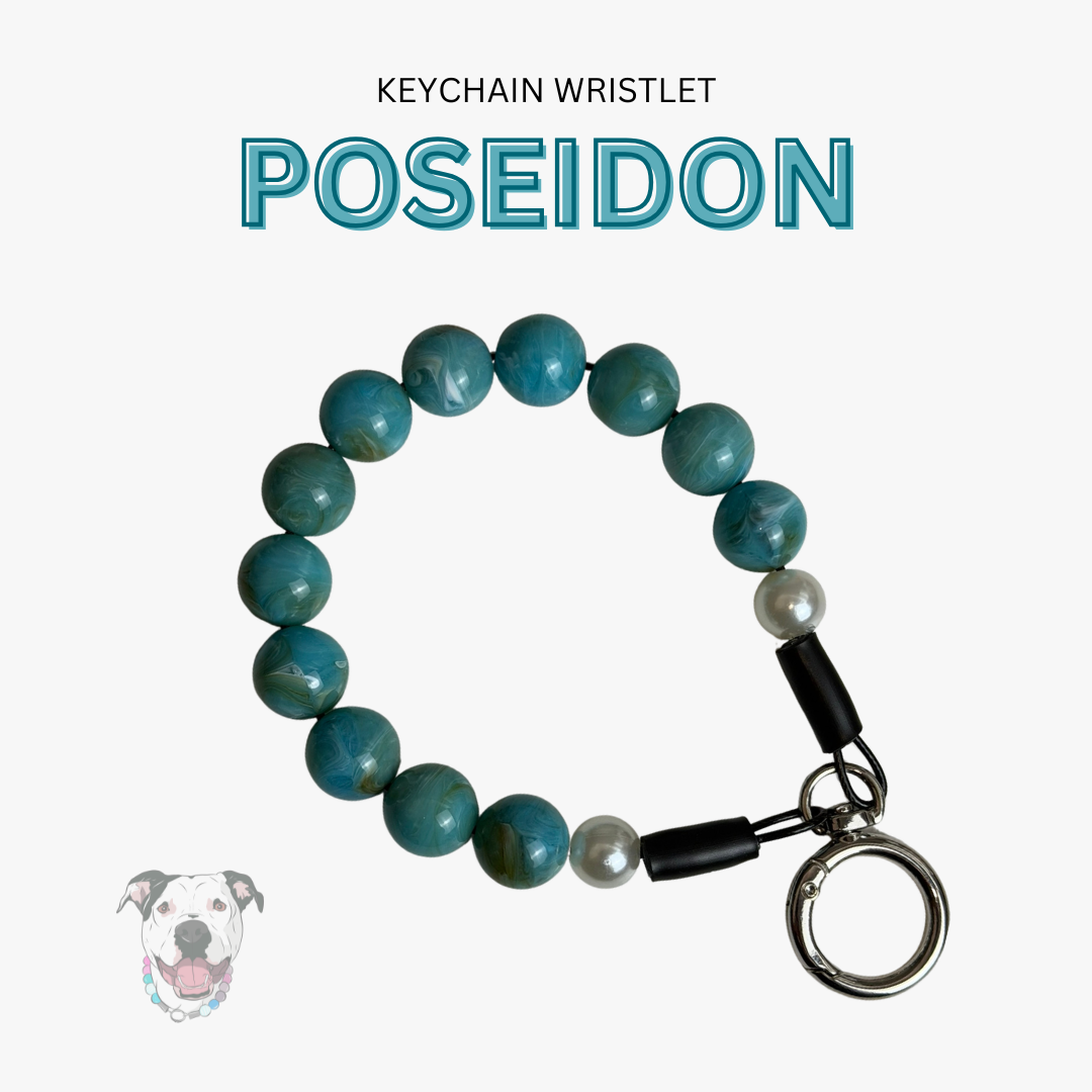 Teal beaded keychain wristlet with a keyring on a white background, branded 'POSEIDON'.