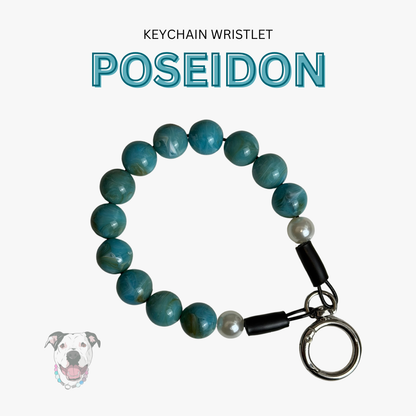 Teal beaded keychain wristlet with a keyring on a white background, branded 'POSEIDON'.