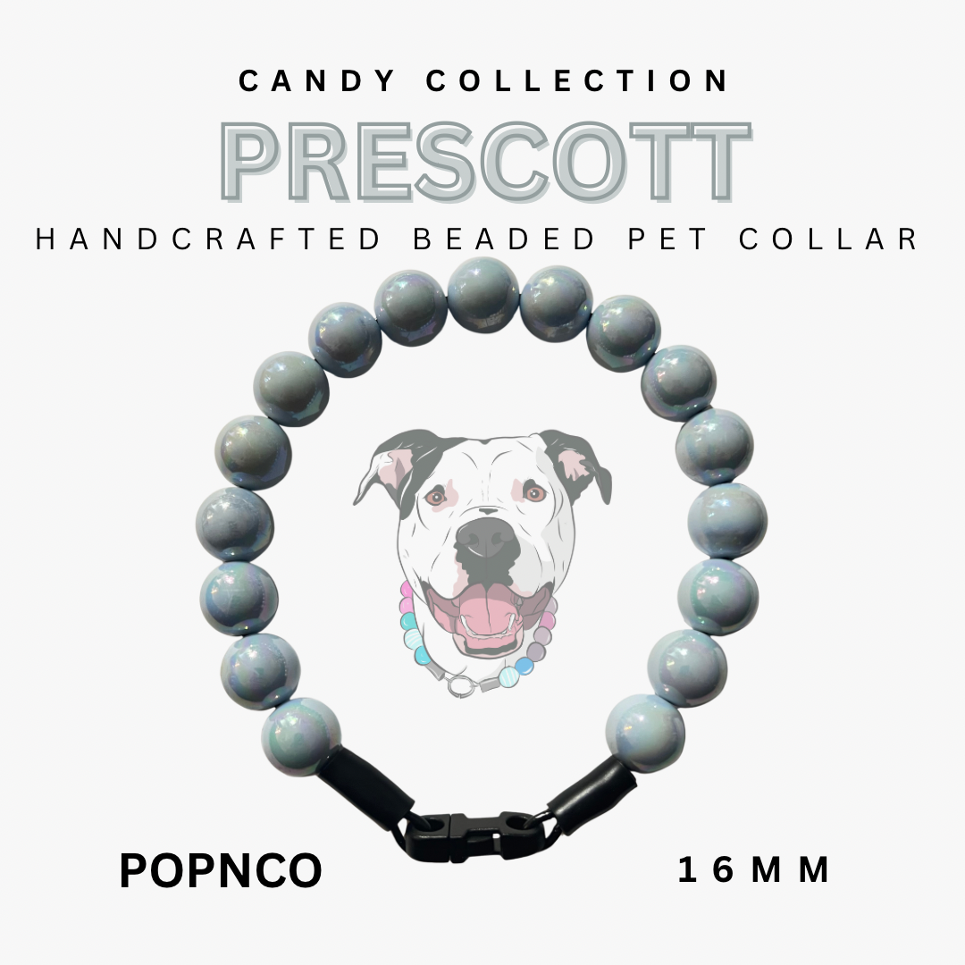 Handcrafted beaded pet collar with a dog illustration on a white background, labeled 'Candy Collection Prescott'.