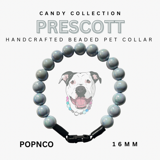 Handcrafted beaded pet collar with a dog illustration on a white background, labeled 'Candy Collection Prescott'.