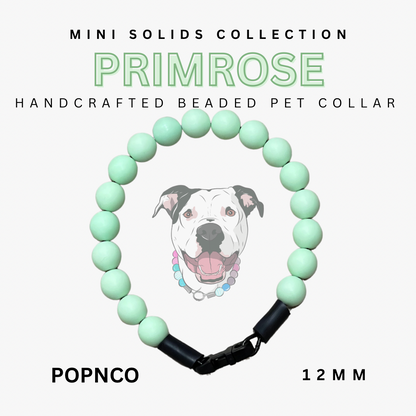Handcrafted beaded pet collar with a dog illustration on a white background, labeled 'Mini Solids Collection Primrose'.