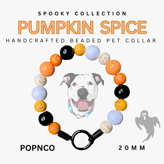 Handcrafted beaded pet collar with colorful beads and a ghost design, labeled 'Spooky Collection Pumpkin Spice' by POPNCO.