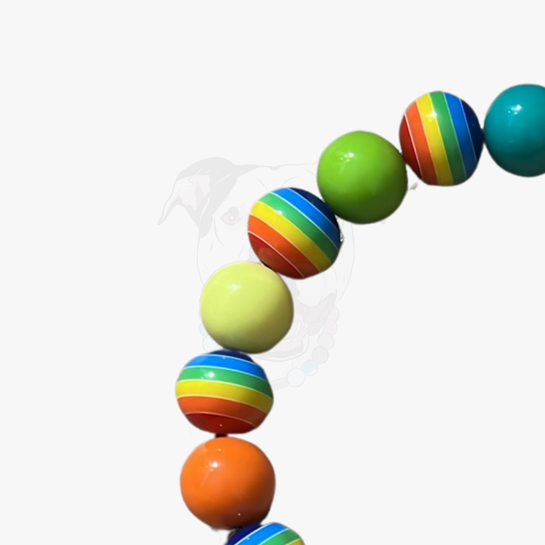 Colorful bead necklace with rainbow pattern on a white background