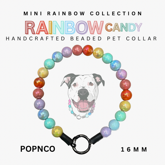 Handcrafted beaded pet collar with rainbow beads and a dog illustration on a white background.