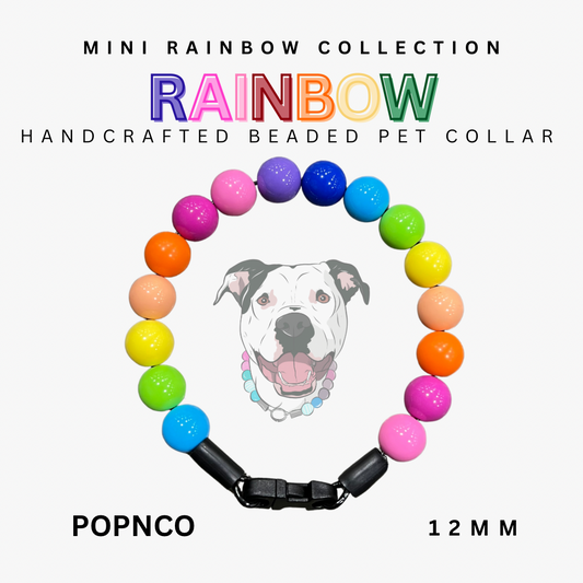 Colorful beaded pet collar with a dog illustration on a white background, labeled 'Mini Rainbow Collection'.