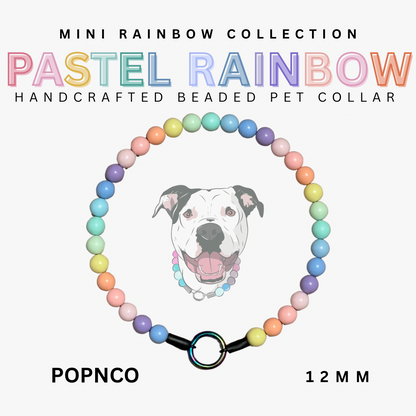 Pastel rainbow beaded pet collar with a dog illustration on a white background
