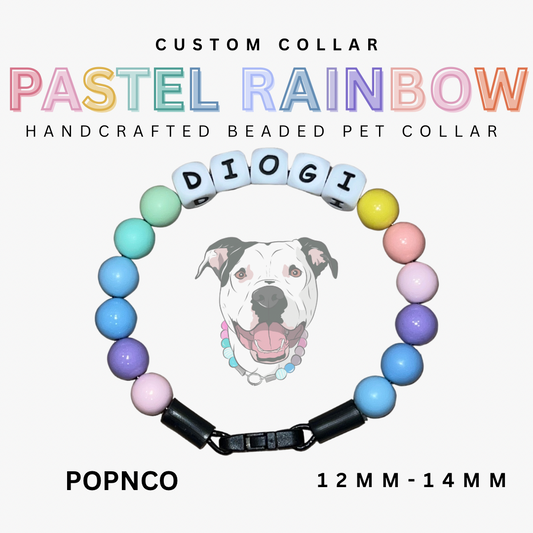 Pastel rainbow beaded pet collar with 'DIOGI' on a white background
