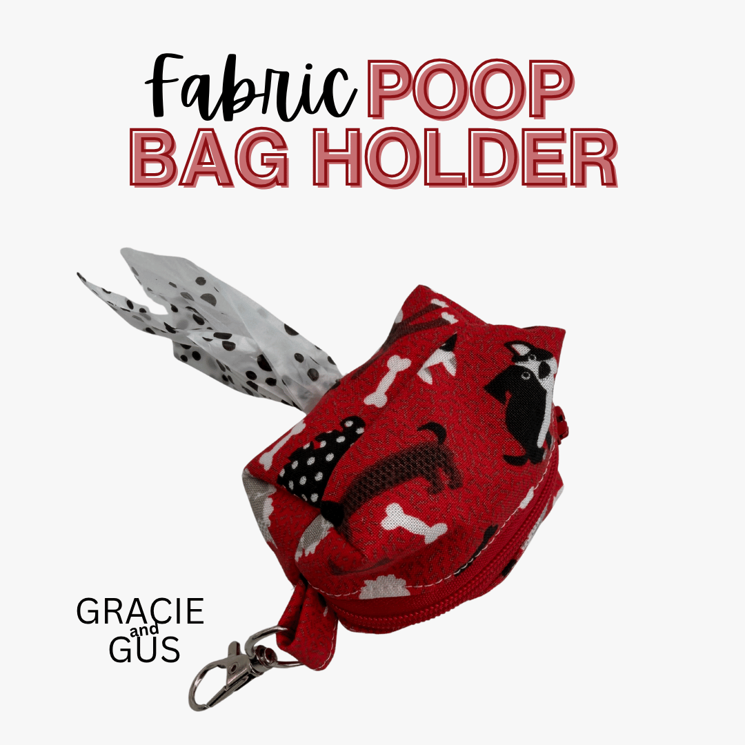 A fabric poop bag holder pouch with a red background and black-and-white dog illustrations, shown with a white spotted leash and a metal clasp. Large text at the top reads 'Fabric POOP BAG HOLDER' and 'GRACIE and GUS' appears at the bottom left on a light gray background.