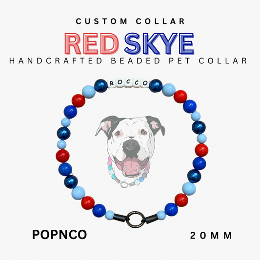 Custom beaded pet collar with colorful beads and a dog illustration on a white background, branded 'REDSKYE'.