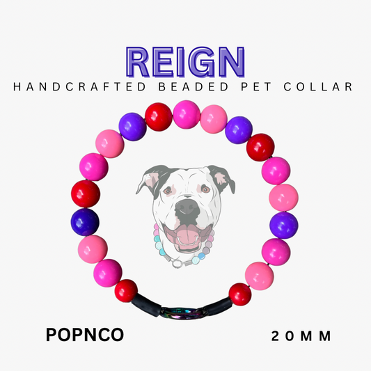 Handcrafted beaded pet collar with colorful beads and a dog's face illustration on a white background.