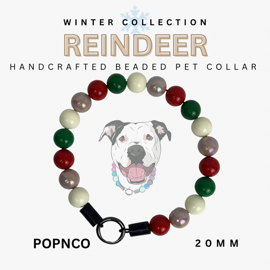 Handcrafted beaded pet collar with reindeer design and colorful beads on a white background.