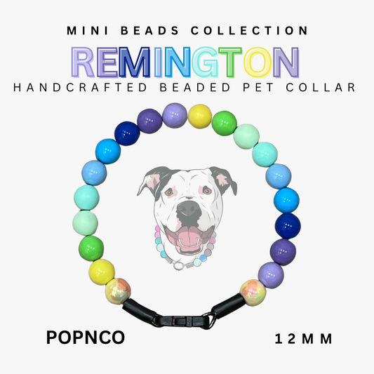 Handcrafted beaded pet collar with colorful beads and a black strap, featuring Remington brand on a white background.