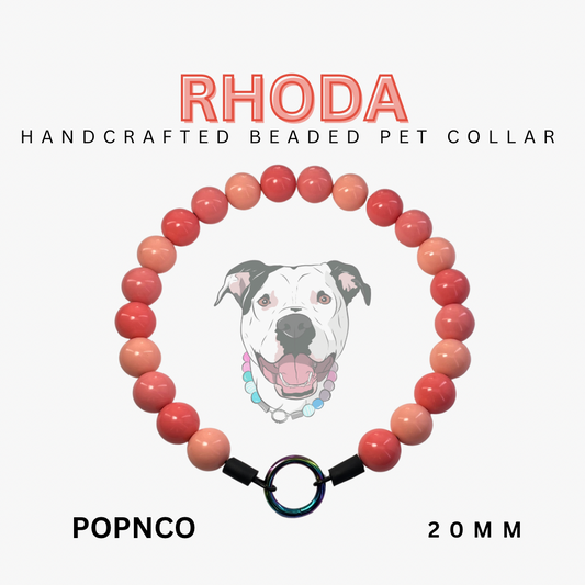 Handcrafted beaded pet collar with 'RHODA' branding and a dog illustration on a white background.