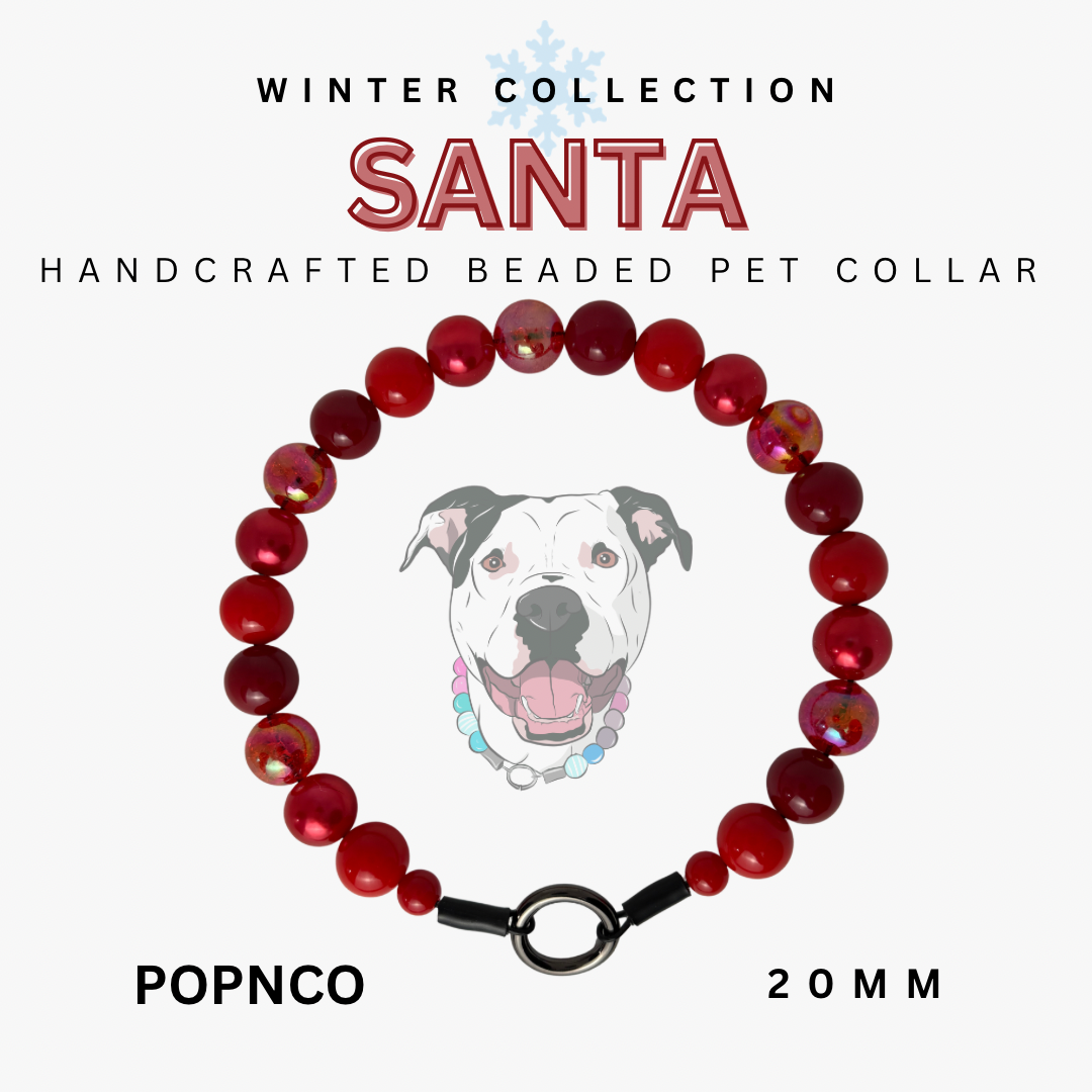 Handcrafted beaded pet collar with red beads and a black clasp, featuring a dog illustration on a white background.
