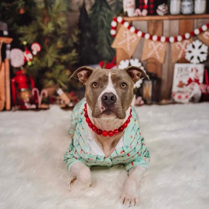 Dog wearing a festive outfit with a Christmas-themed background