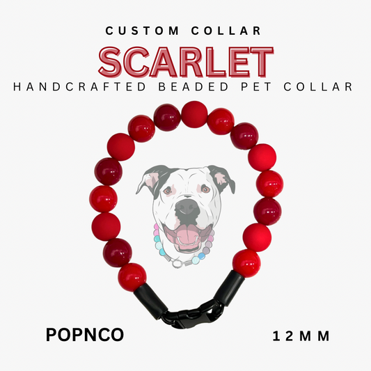 Handcrafted beaded pet collar with red beads and black clasp, featuring a dog illustration and text.