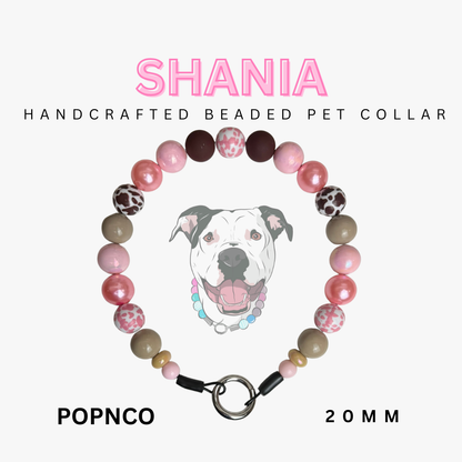 Handcrafted beaded pet collar with a dog illustration and product details on a white background