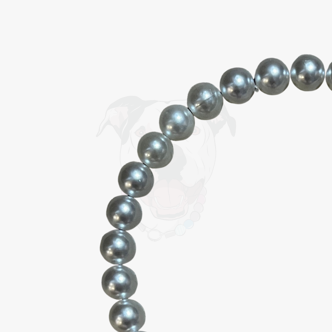 Gray pearl necklace on a white background POPNCO acrylic bead, Acrylic Beads, Bead dog collar, beaded collar, Beaded dog collar, Breathable dog collar, cat collar, Comfortable Dog Collar, dog collar, Durable dog collar, Easy to clean dog collar, fashion collar, handmade, pearl collar, pearl necklace, Pet accessories, pet collar, pittie pearls, popnco, Popnco dog collar, slip on collar, Slip on dog collar, Stylish dog collar