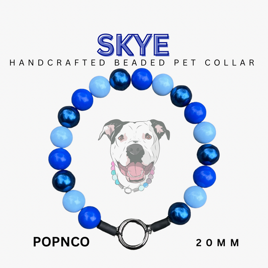 Handcrafted beaded pet collar with blue and black beads, featuring a dog illustration and 'Skye' branding.