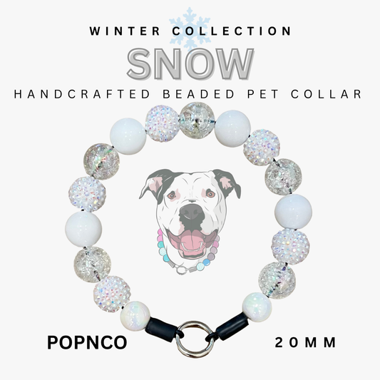 Handcrafted beaded pet collar with a dog illustration on a white background, labeled 'Snow' from the Winter Collection by POPNCO.