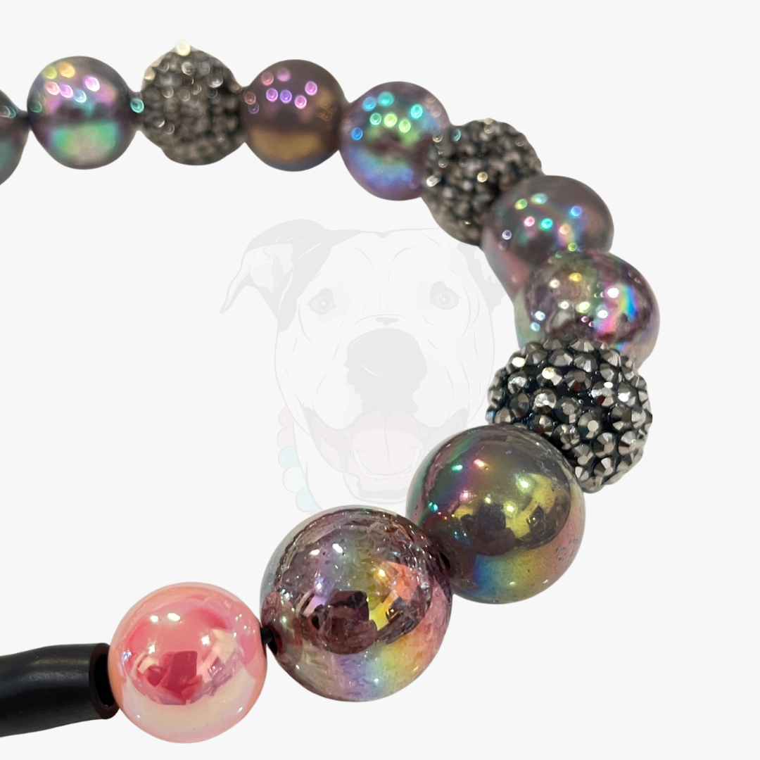 Beaded bracelet with multicolored beads on a white background