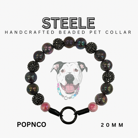 Handcrafted beaded pet collar with 'Steele' branding and a dog illustration on a white background.