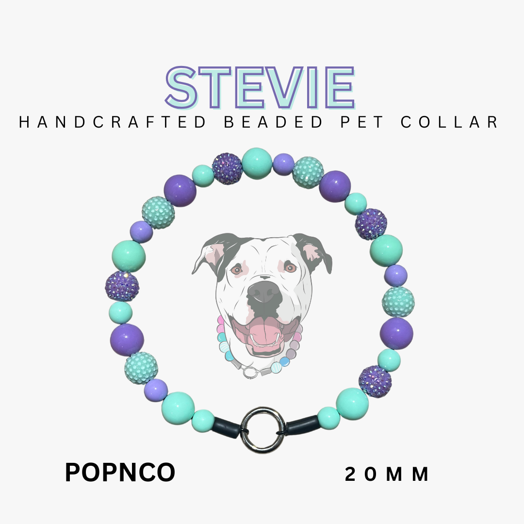 Handcrafted beaded pet collar with a dog illustration and product details on a white background