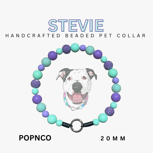 Handcrafted beaded pet collar with a dog illustration and product details on a white background