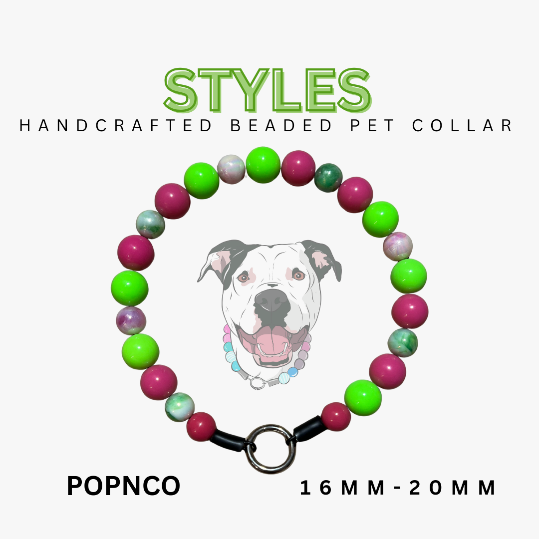 Handcrafted beaded pet collar with colorful beads and a dog illustration on a white background.