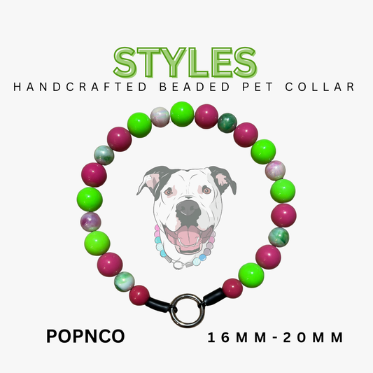 Handcrafted beaded pet collar with colorful beads and a dog illustration on a white background. POPNCO Bead dog collar, beaded collar, Beaded dog collar, Breathable dog collar, cat collar, Comfortable Dog Collar, dog collar, Durable dog collar, Easy to clean dog collar, fashion collar, handmade, Pet accessories, pet collar, popnco, Popnco dog collar, slip on collar, Slip on dog collar, Stylish dog collar