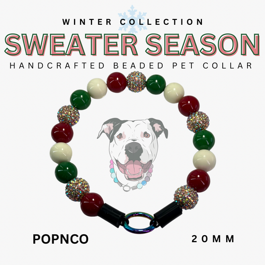 Handcrafted beaded pet collar with colorful beads and a black clasp, featuring a dog illustration and text about a winter collection.