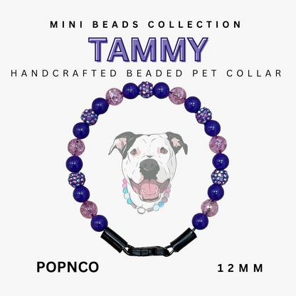 Handcrafted beaded pet collar with 'Tammy' branding on a white background