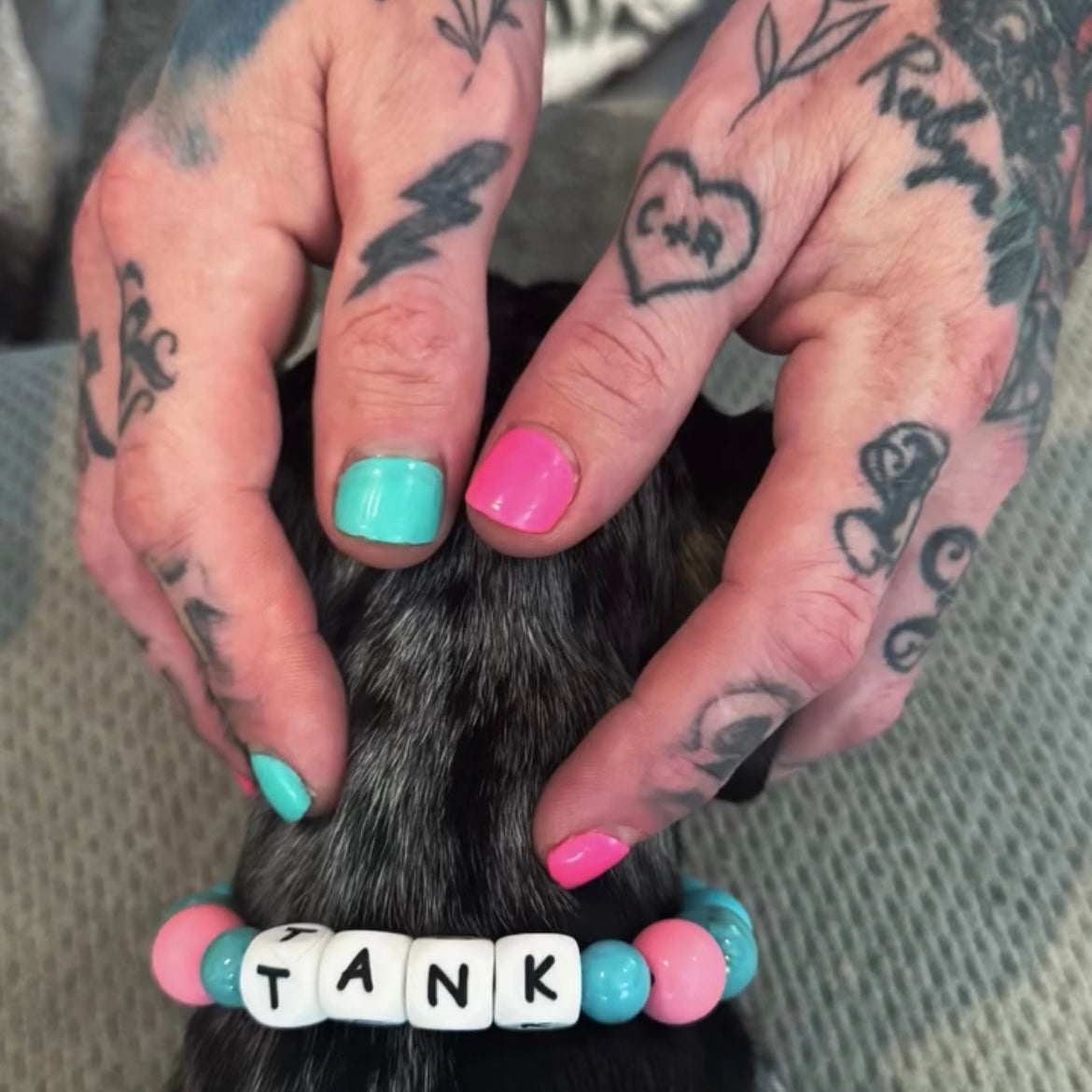 Person with tattoos and colorful nail polish petting a dog's paw, with 'TANK' spelled out in tiles.