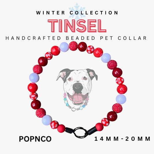 Handcrafted beaded pet collar with red, white, and blue beads on a white background, featuring the brand 'TINSEL' and 'POPNCO'.