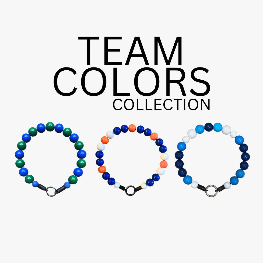 Three beaded bracelets in green, orange, and blue with 'Team Colors Collection' text on a white background.