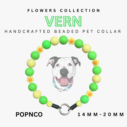 Handcrafted beaded pet collar with green and yellow beads, featuring a dog illustration and product details.