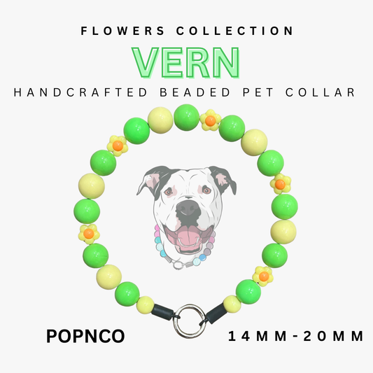 Handcrafted beaded pet collar with green and yellow beads, featuring a dog illustration and product details.