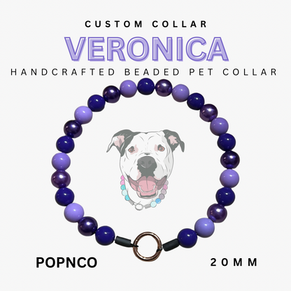 Handcrafted beaded pet collar with purple and blue beads, featuring a dog illustration and product details.