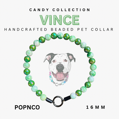 Handcrafted beaded pet collar with a dog illustration and product details on a white background