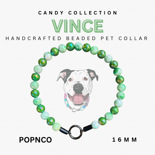 Handcrafted beaded pet collar with a dog illustration and product details on a white background