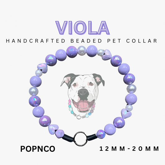 Handcrafted beaded pet collar with 'Viola' branding on a white background