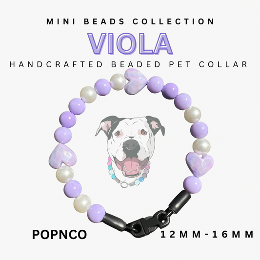 Handcrafted beaded pet collar with a dog illustration on a white background, labeled 'Viola' and 'POPNCO'.