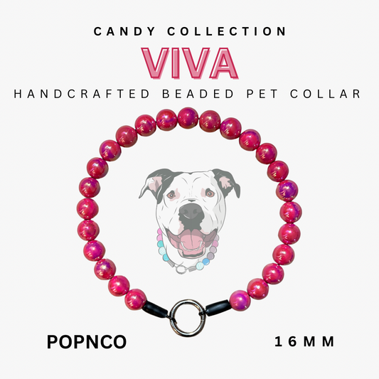 Handcrafted beaded pet collar with pink beads and a dog illustration on a white background, featuring the brand 'VIVA'. POPNCO