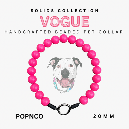 Handcrafted beaded pet collar with pink beads and a dog illustration on a white background, featuring the 'Vogue' collection by POPNCO.