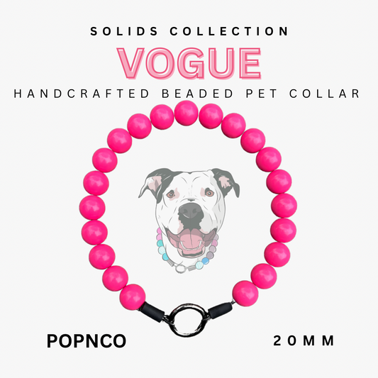 Handcrafted beaded pet collar with pink beads and a dog illustration on a white background, featuring the 'Vogue' collection by POPNCO.