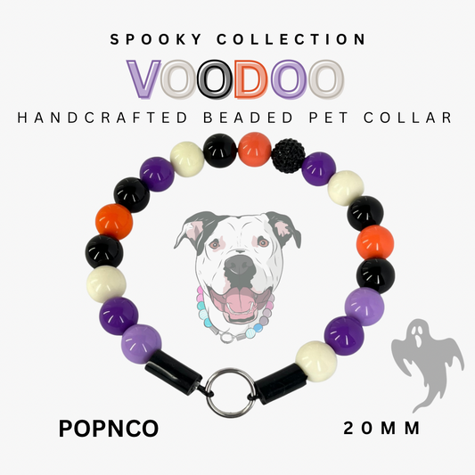 Voodoo handcrafted beaded pet collar with colorful beads and a dog illustration on a white background.