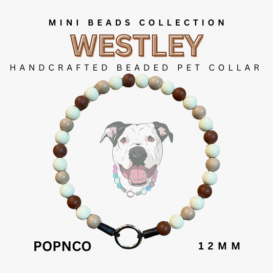 Handcrafted beaded pet collar with a dog illustration on a white background, labeled 'Westley' and 'Mini Beads Collection'.